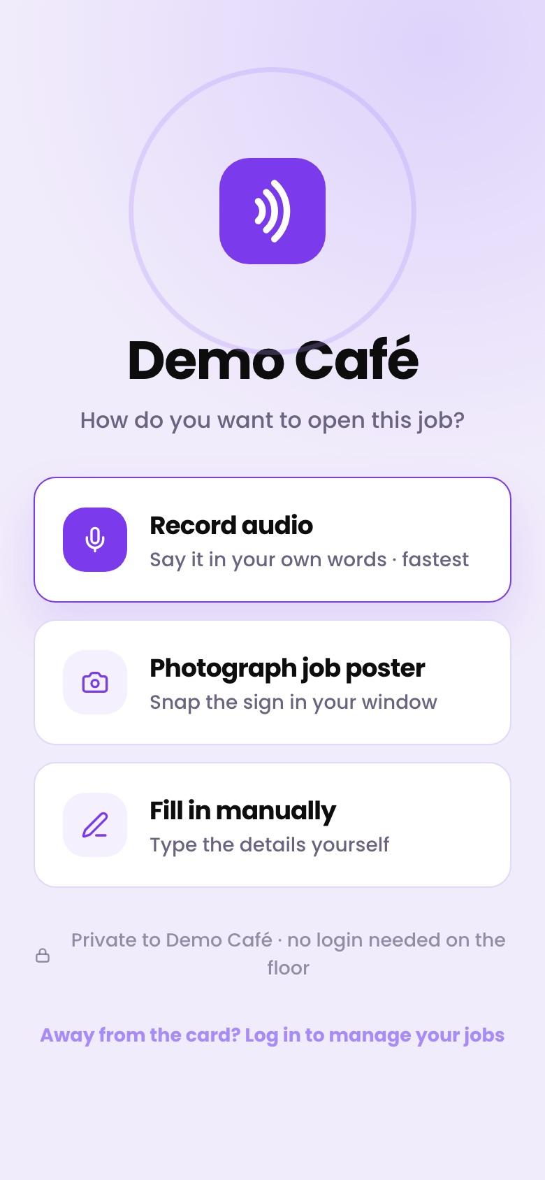 Choosing between recording audio, photographing a poster or filling in manually