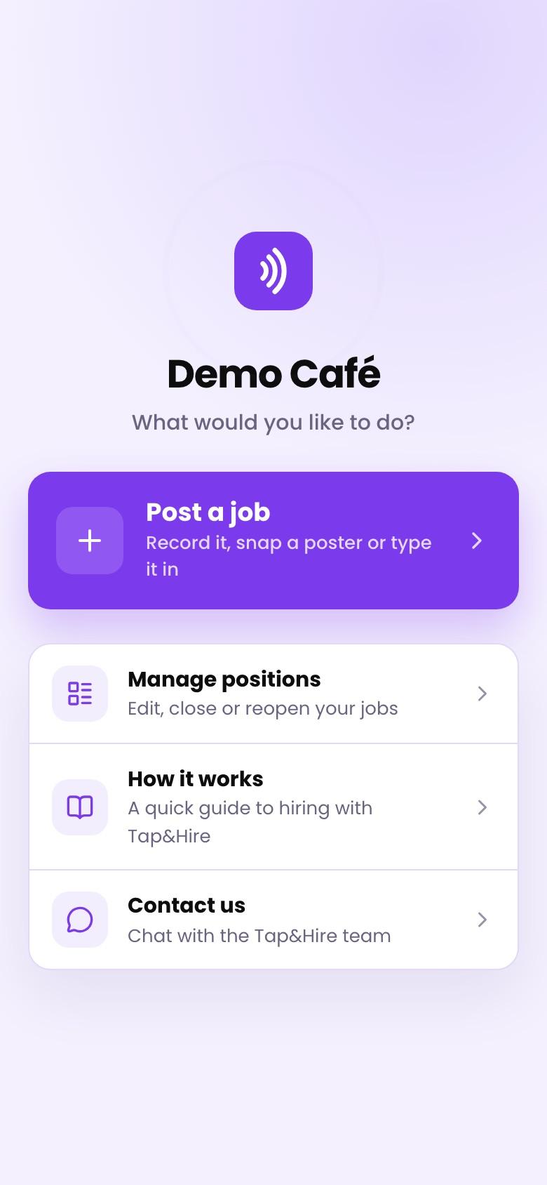 The menu that opens when you tap the card
