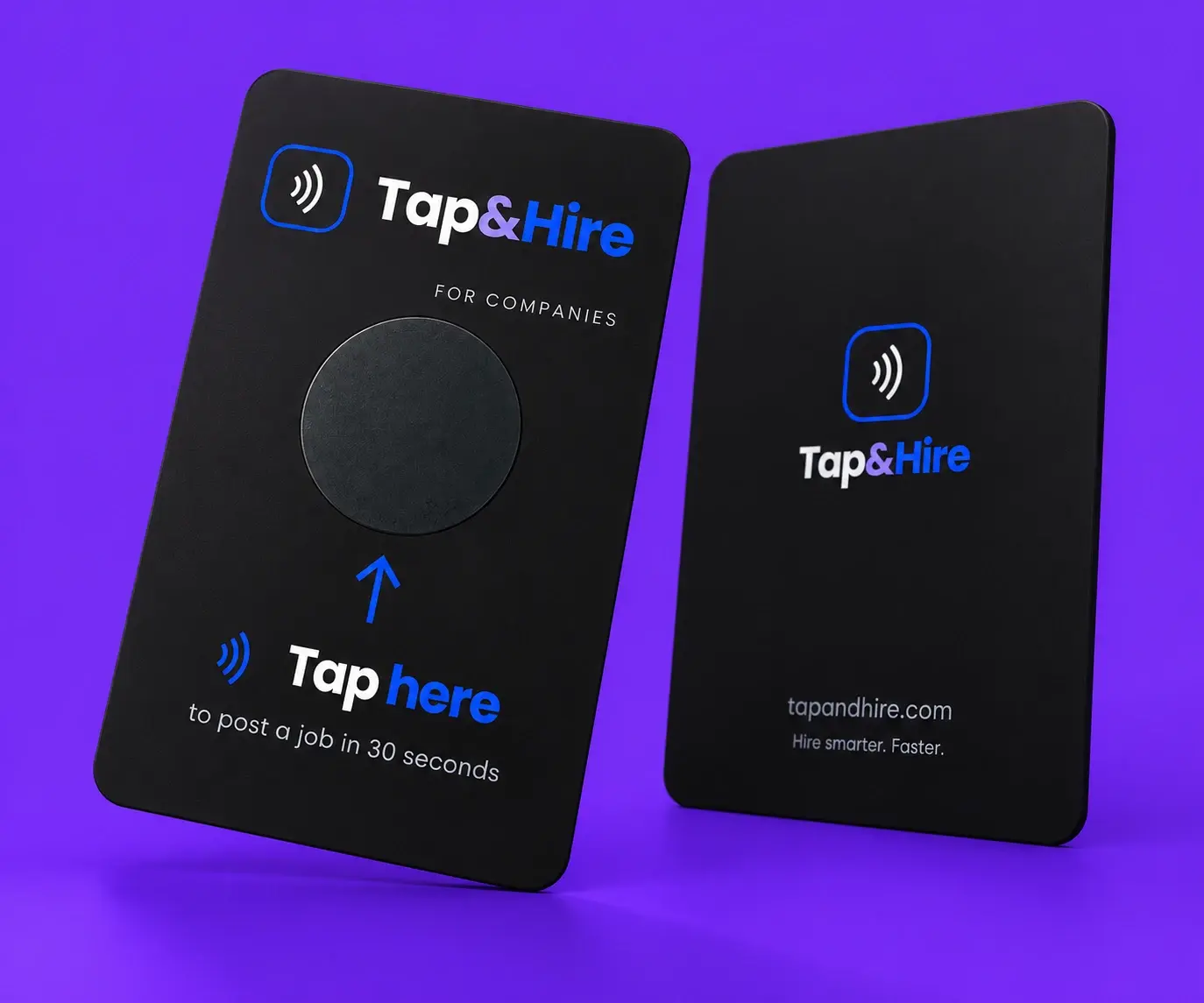 The Tap&Hire NFC card, front and back